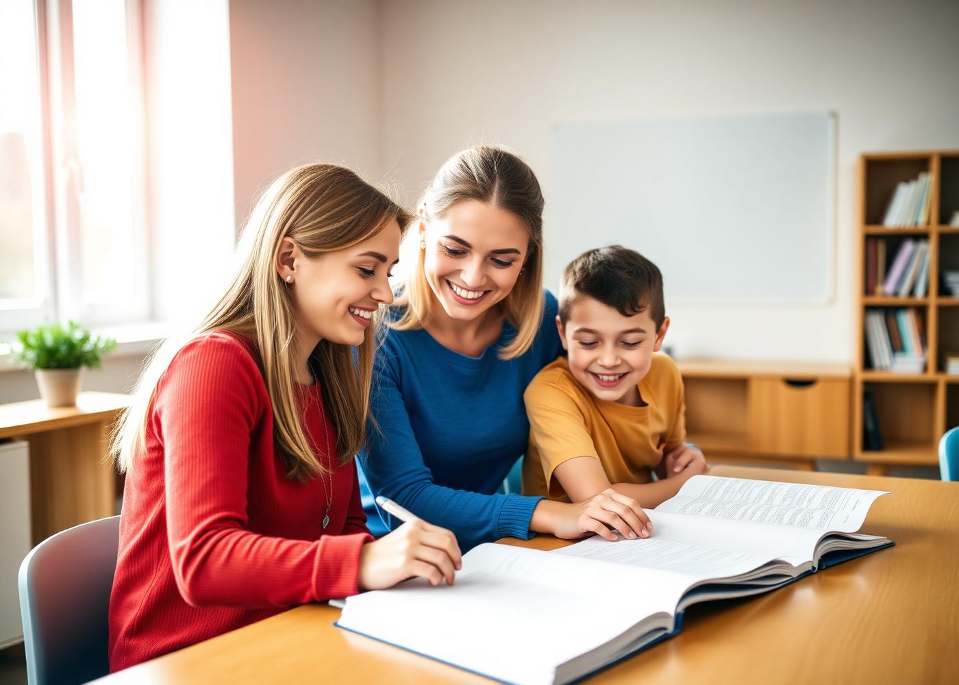 Profesoară lucrând cu doi elevi la o lecție de limbă